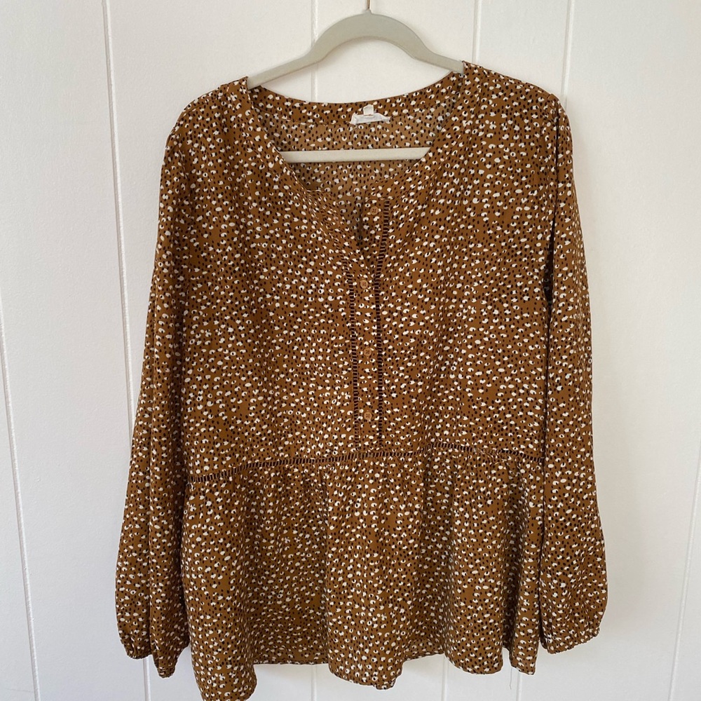 Mustard yellow blouse with black and white dots